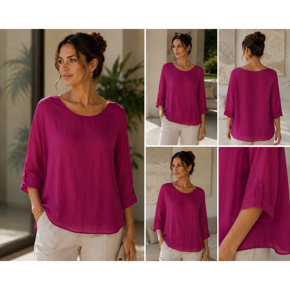Made in Italy Magenta Silk Blend Layered Chiffon Blouse Medium Purple Dolman Top